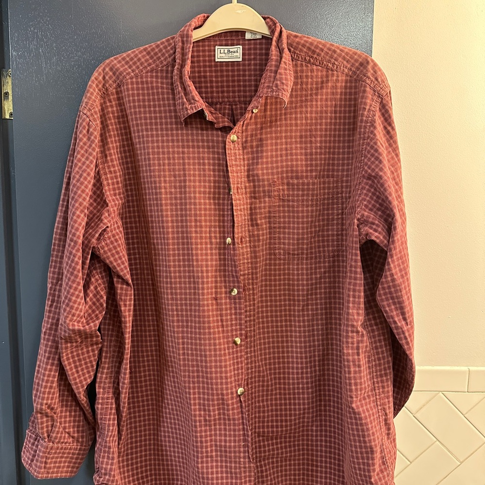 LL Bean maroon striped button down